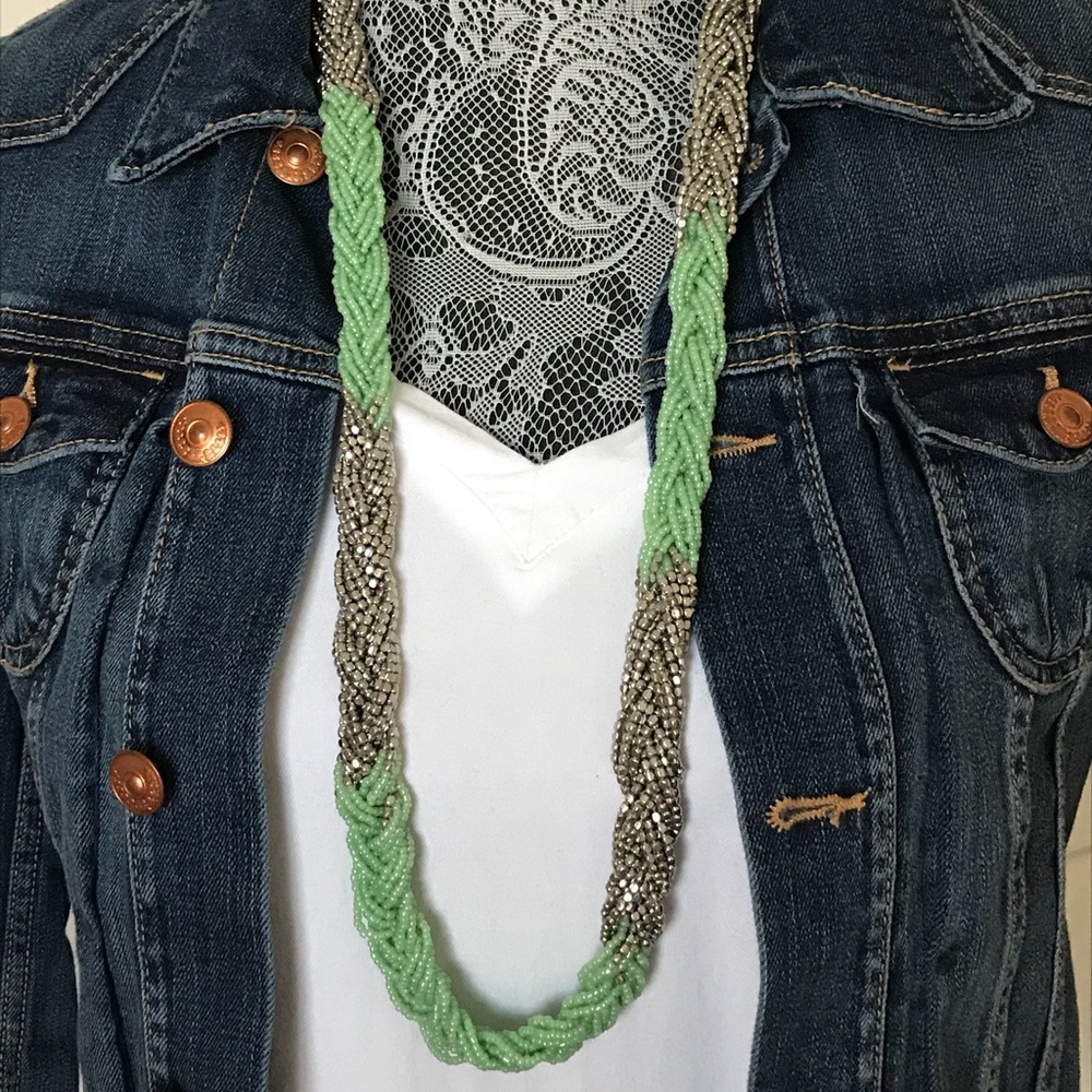 LOFT Mint and Silver Braided Beaded Necklace